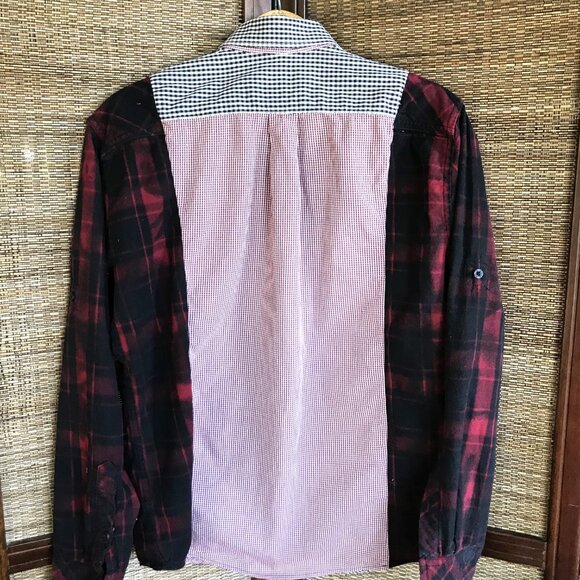 Upcycled Mixed Print Oversized Shirt, S to M: Red Black Gingham, Plaid Flannel - Picture 9 of 11